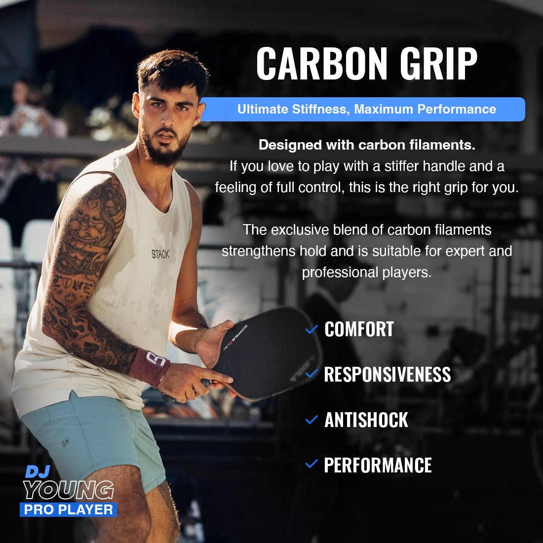 Pickleball Carbon Grip - 5.25 Inches Long - Stiff Feel - Charcoal - Buttery Pickleball
